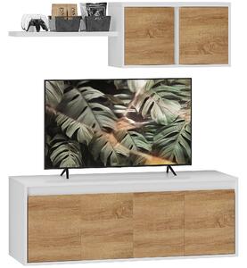 Sada TV stolku a nástěnné skříňky HOMCOM s 7 policemi a otevřenou policí, Dřevotříska, 120x41x43,3 cm, Bílá a dřevěná barva | Aosom