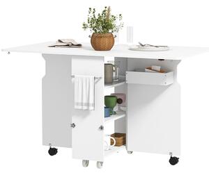 Skládací stůl HOMCOM s vyklápěcími deskami a 3 úrovněmi polic, úložná skříňka a kola, MDF, 130x80x76.5 cm, bílý | Aosom