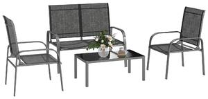 Outsunny 4-dílná zahradní lounge souprava se 2-místnou venkovní pohovkou s nastavitelným opěradlem, 2 křesly a skleněným konferenčním stolkem, ocelová