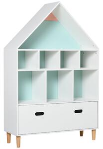 HOMCOM Dětská Dřevěná Knihovna Ve Tvaru Domu se 8 Otevřenými Přihrádkami a Dvoubarevným Šuplíkem 82x30x126 cm Bílá | Aosom