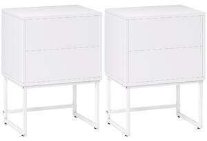 HOMCOM Sada 2 Úzkých Nočních Stolků s 2 Výsuvnými Zásuvkami a Ocelovými Nohy Moderní Styl 40x30x55 cm Bílá | Aosom