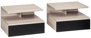 HOMCOM Sada 2 Floating Nočních Stolků Závěsných Nočních Stolků s 1 Šuplíkem a Otevřenou Policí do Ložnice 35x32x22,5 cm Dub a Černá | Aosom