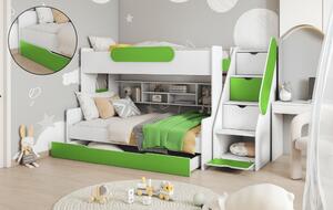 Patrová postel SEGAN pro 3 osoby včetně úložného prostoru (Zelená)