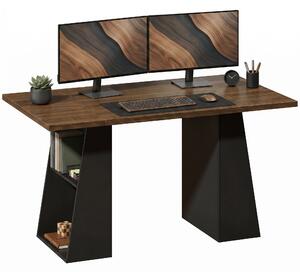 HOMCOM 55.1 in (140 cm) Computer Desk with 4 Open Shelves & Trapezoid Metal Frame — Brown Woodgrain / Black | Aosom