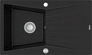 MEXEN - Cesar granitový dřez 1 s odkapávačem 775x470 mm, černá / stříbrná metalíza 6514771010-73