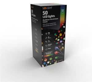 SOLIGHT LED venkovní vánoční řetěz, 50 LED, 5m, přívod 3m, 8 funkcí, časovač, IP44, studená bílá