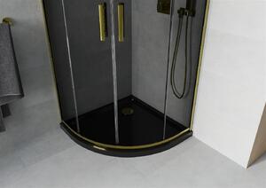 Mexen Rio, čtvrtkruhový sprchový kout s posuvnými dveřmi 80 (dveře) x 80 (dveře) x 190 cm, 5mm šedé sklo, zlatý profil + černá sprchová vanička SLIM, 863-080-080-50-40-4170G