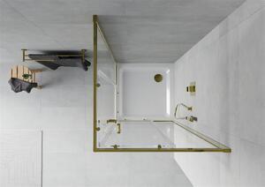 Mexen Rio, čtvercový sprchový kout s posuvnými dveřmi 90 (dveře) x 90 (dveře) x 190 cm, 5mm čiré sklo, zlatý profil + bílá sprchová vanička SLIM, 860-090-090-50-00-4010G