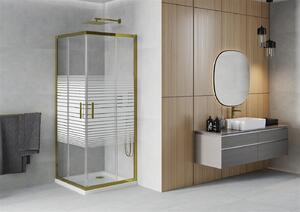 Mexen Rio, čtvercový sprchový kout s posuvnými dveřmi 90 (dveře) x 90 (dveře) x 190 cm, 5mm čiré sklo s pásky, zlatý profil + bílá sprchová vanička SLIM, 860-090-090-50-20-4010G