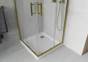 Mexen Rio, čtvercový sprchový kout s posuvnými dveřmi 80 (dveře) x 80 (dveře) x 190 cm, 5mm sklo námraza, zlatý profil + bílá sprchová vanička SLIM, 860-080-080-50-30-4010G