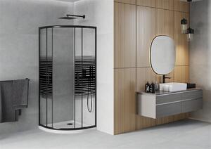 Mexen Rio, čtvrtkruhový sprchový kout s posuvnými dveřmi 90 (dveře) x 90 (dveře) x 190 cm, 5mm čiré sklo s pásky, černý profil + bílá sprchová vanička Slim, 863-090-090-70-20-411