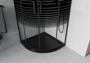 Mexen Rio, čtvrtkruhový sprchový kout s posuvnými dveřmi 90 (dveře) x 90 (dveře) x 190 cm, 5mm čiré sklo s pásky, černý profil + černá sprchová vanička Slim, 863-090-090-70-20-4170B