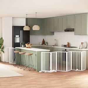 Zábrana pro psy s dvířky skládací 9 panelů bílá 450 cm topol 3155538