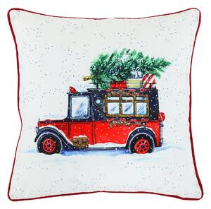 Polštář sametový s výplní, bílý - vánoční auto, 100% polyester, 45 x 45 cm