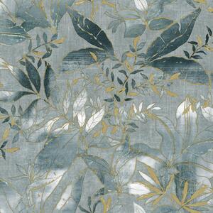 Vliesová tapeta na zeď, modrá, zlatá, listy a větvičky, AU41704, Aurelia, Prestige Wallcoverings