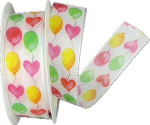 Stuha narozeninová Balloons & Hearts taftová 25mm x 2m (12,-Kč/m)