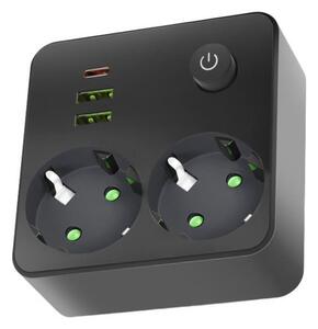 Rozbočovací zásuvka s vypínačem LINEA 2x230V + 3xUSB A/C SCHUKO černá