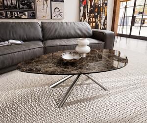 DELIFE Konferenční stolek Edge organický 140x76 cm keramika Laminam® Emperador Extra Lucidato tmavě hnědá Sarity nerezová ocel kartáčovaná