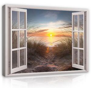 Postershop Obraz na plátně: 3D Effect Window Sunset Beach - 80x60 cm