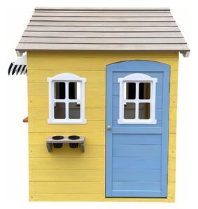 KONDELA Dřevěný zahradní domek pro děti, bílá/šedá/žlutá/modrá, NESKO