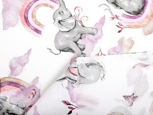 Dětská bavlněná látka/plátno Sandra SA-464 Sloni s fialovou duhou na bílém - šířka 160 cm