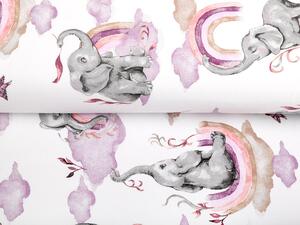 Dětská bavlněná látka/plátno Sandra SA-464 Sloni s fialovou duhou na bílém - šířka 160 cm