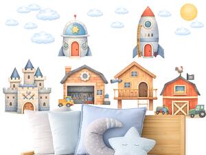 Domečky pro kluky textilní přelepitelné samolepky na zeď arch 46 x 36 cm