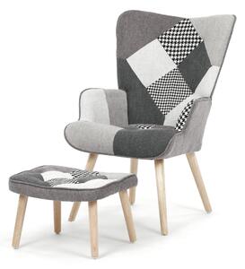 Vikio Relaxační křeslo s podnožkou šedý patchwork látka AKR120PWC