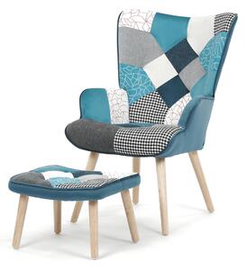 Vikio Relaxační křeslo s podnožkou modrý patchwork látka AKR120PWM