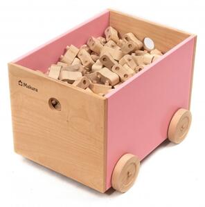 Dřevěný box na kolečkách pro ukládání stavebnice - Růžová