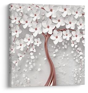 Obraz - Obraz bílého stromu s květinami, rosegold (30x30 cm)