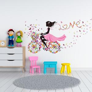 Samolepka na zeď "Dívka s motýly na kole" 140x70 cm