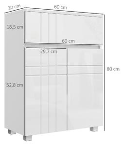 Kleankin volně stojící koupelnová skříňka s 2 dveřmi, 1 šuplíkem, nastavitelnou policí, leskle bílá, 60Š x 30H x 80V cm | Aosom