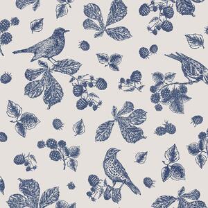 Modro-bílá vliesová tapeta na zeď, ptáci, rostliny, listy, 120868, Joules, Graham&Brown