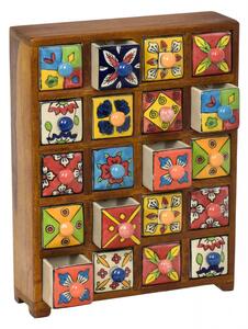Dřevěná skříňka s 20 keramickými šuplíky, ručně malovaná, 29x11x37cm (0A)