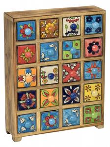 Dřevěná skříňka s 20 keramickými šuplíky, ručně malovaná, 29x11x37cm (0C)