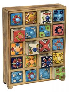 Dřevěná skříňka s 20 keramickými šuplíky, ručně malovaná, 29x11x37cm (0C)