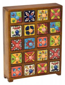 Dřevěná skříňka s 20 keramickými šuplíky, ručně malovaná, 29x11x37cm (0A)