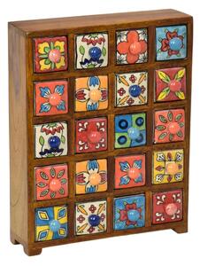 Dřevěná skříňka s 20 keramickými šuplíky, ručně malovaná, 29x11x37cm (0B)