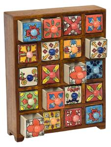 Dřevěná skříňka s 20 keramickými šuplíky, ručně malovaná, 29x11x37cm (0G)