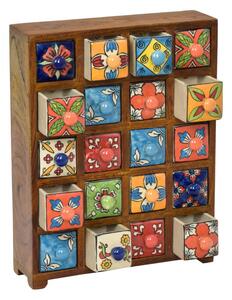 Dřevěná skříňka s 20 keramickými šuplíky, ručně malovaná, 29x11x37cm (0F)