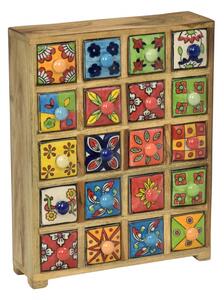 Dřevěná skříňka s 20 keramickými šuplíky, ručně malovaná, 29x11x37cm (0E)