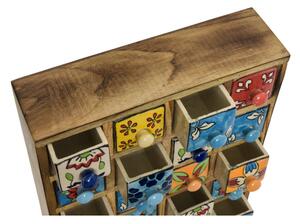 Dřevěná skříňka s 20 keramickými šuplíky, ručně malovaná, 29x11x37cm (0K)