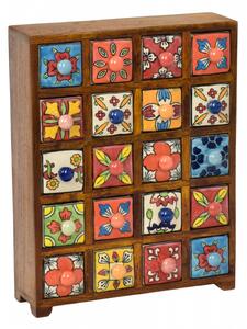 Dřevěná skříňka s 20 keramickými šuplíky, ručně malovaná, 29x11x37cm (0G)