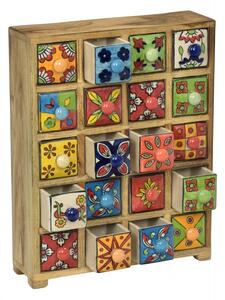 Dřevěná skříňka s 20 keramickými šuplíky, ručně malovaná, 29x11x37cm (0E)