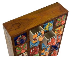 Dřevěná skříňka s 20 keramickými šuplíky, ručně malovaná, 29x11x37cm (0F)