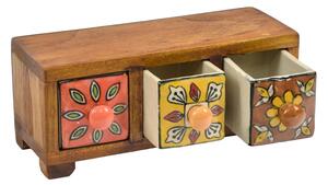 Dřevěná skříňka s 3 keramickými šuplíky, ručně malovaná, 22x8x9cm (1A)
