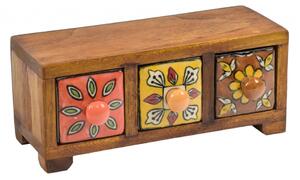 Dřevěná skříňka s 3 keramickými šuplíky, ručně malovaná, 22x8x9cm (1A)