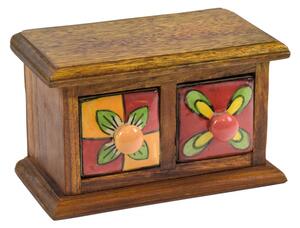 Dřevěná skříňka s 2 keramickými šuplíky, ručně malovaná, 18x11x11cm (2D)