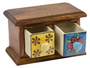 Dřevěná skříňka s 2 keramickými šuplíky, ručně malovaná, 18x11x11cm (2A)